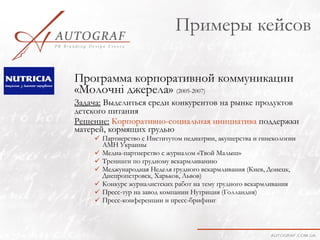 Примеры кейсов

Программа корпоративной коммуникации
«Молочні джерела» (2005-2007)
Задача: Выделиться среди конкурентов на рынке продуктов
детского питания
Решение: Корпоративно-социальная инициатива поддержки
матерей, кормящих грудью
     Партнерство с Институтом педиатрии, акушерства и гинекологии
      АМН Украины
     Медиа-партнерство с журналом «Твой Малыш»
     Тренинги по грудному вскармливанию
     Меджународная Неделя грудного вскармливания (Киев, Донецк,
      Днепропетровск, Харьков, Львов)
     Конкурс журналистских работ на тему грудного вскармливания
     Пресс-тур на завод компании Нутриция (Голландия)
     Пресс-конференции и пресс-брифинг
 