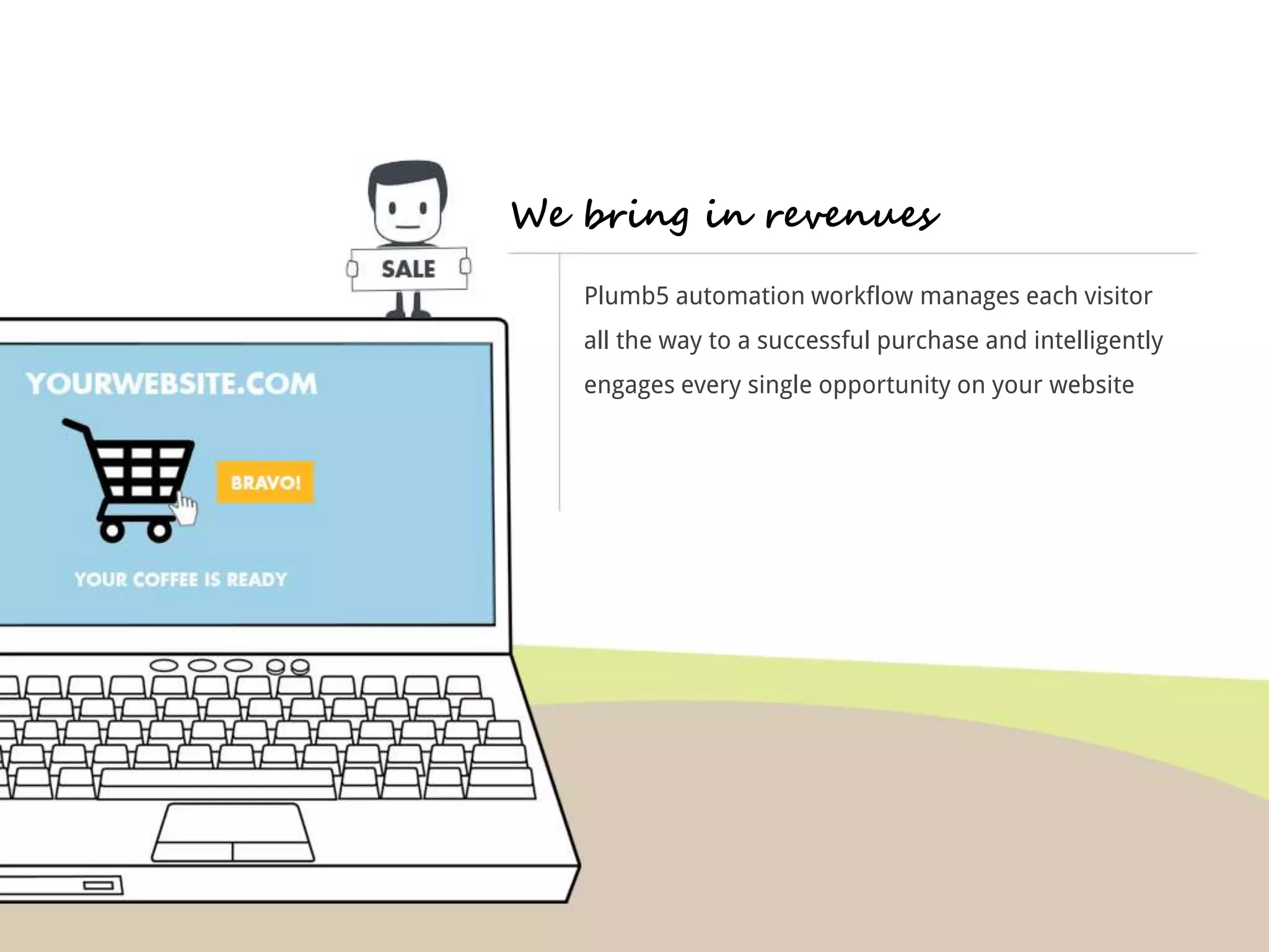 We bring in revenues 
Plumb5 automation workflow manages each visitor 
all the way to a successful purchase and intelligently 
engages every single opportunity on your website 
 