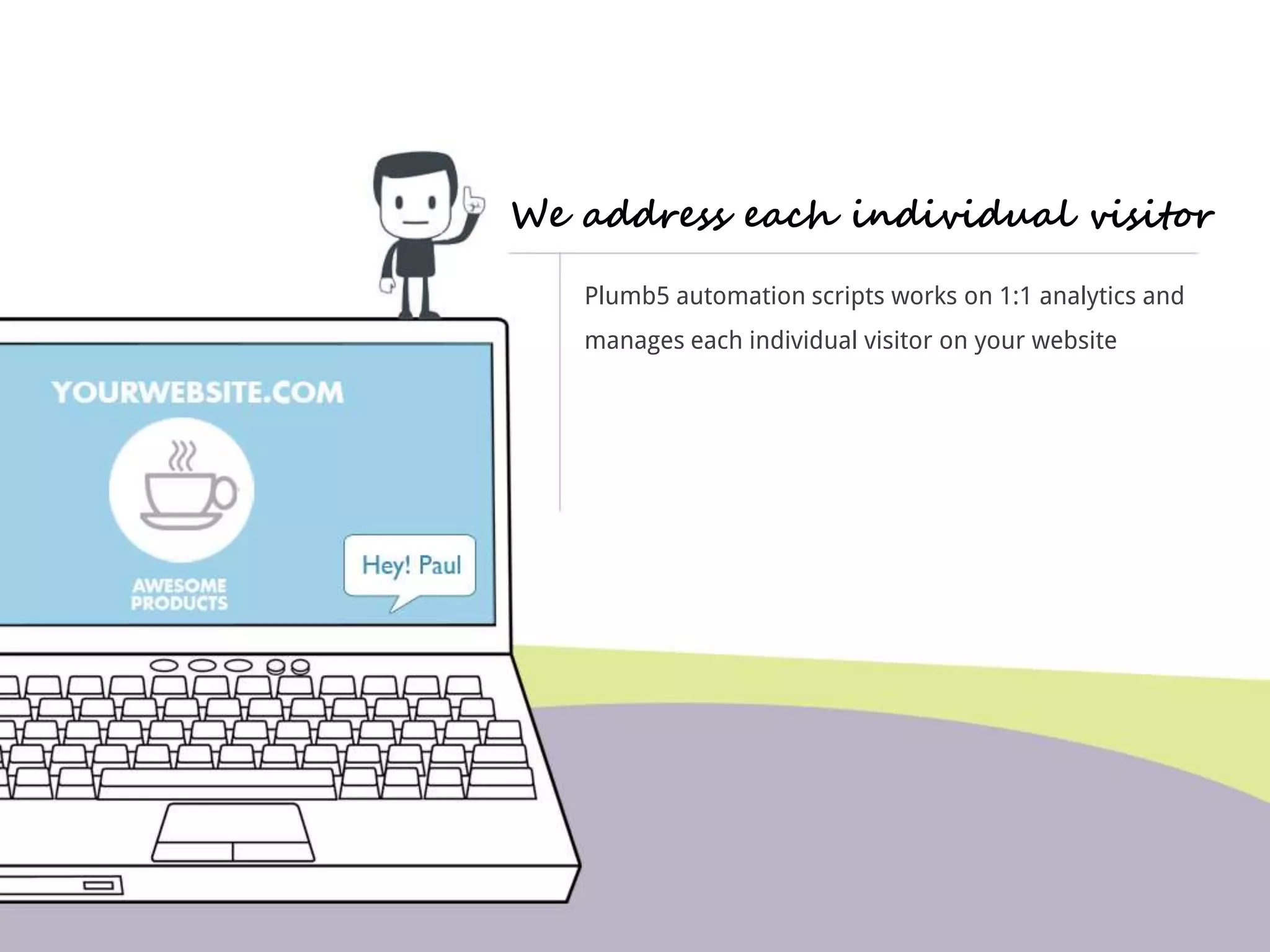 We address each individual visitor 
Plumb5 automation scripts works on 1:1 analytics and 
manages each individual visitor on your website 
 