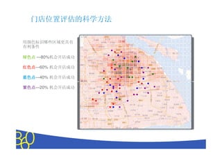 门店位置评估的科学方法

用颜色标识哪些区域更具有
有利条件

绿色点 —80%机会开店成功

红色点—60% 机会开店成功
红色点

蓝色点—40% 机会开店成功
蓝色点

紫色点—20% 机会开店成功
紫色点




                 Copyright © 2010 The Nielsen Company. Confidential and proprietary.
 