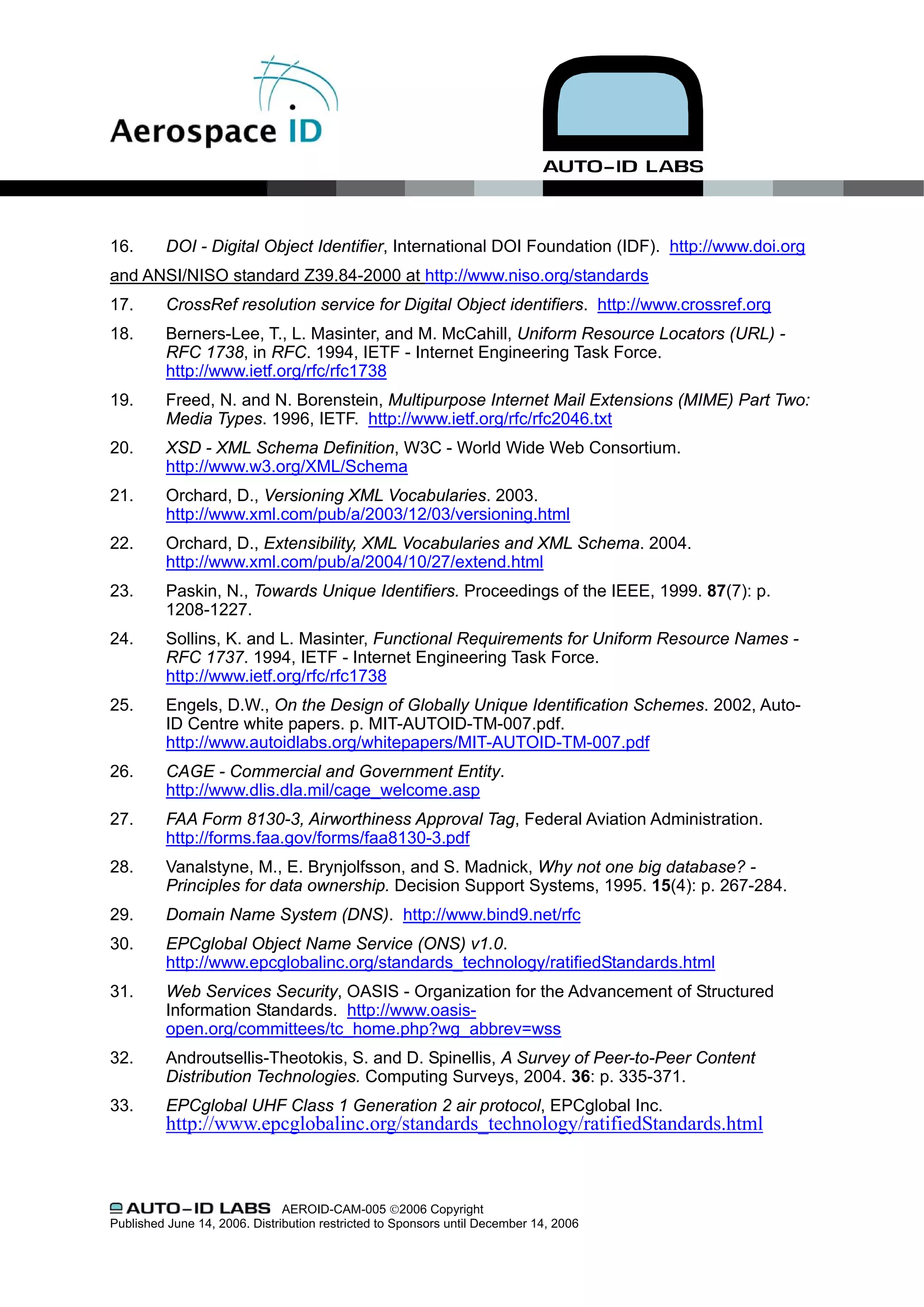 16.       DOI - Digital Object Identifier, International DOI Foundation (IDF). http://www.doi.org
and ANSI/NISO standard Z39.84-2000 at http://www.niso.org/standards
17.       CrossRef resolution service for Digital Object identifiers. http://www.crossref.org
18.       Berners-Lee, T., L. Masinter, and M. McCahill, Uniform Resource Locators (URL) -
          RFC 1738, in RFC. 1994, IETF - Internet Engineering Task Force.
          http://www.ietf.org/rfc/rfc1738
19.       Freed, N. and N. Borenstein, Multipurpose Internet Mail Extensions (MIME) Part Two:
          Media Types. 1996, IETF. http://www.ietf.org/rfc/rfc2046.txt
20.       XSD - XML Schema Definition, W3C - World Wide Web Consortium.
          http://www.w3.org/XML/Schema
21.       Orchard, D., Versioning XML Vocabularies. 2003.
          http://www.xml.com/pub/a/2003/12/03/versioning.html
22.       Orchard, D., Extensibility, XML Vocabularies and XML Schema. 2004.
          http://www.xml.com/pub/a/2004/10/27/extend.html
23.       Paskin, N., Towards Unique Identifiers. Proceedings of the IEEE, 1999. 87(7): p.
          1208-1227.
24.       Sollins, K. and L. Masinter, Functional Requirements for Uniform Resource Names -
          RFC 1737. 1994, IETF - Internet Engineering Task Force.
          http://www.ietf.org/rfc/rfc1738
25.       Engels, D.W., On the Design of Globally Unique Identification Schemes. 2002, Auto-
          ID Centre white papers. p. MIT-AUTOID-TM-007.pdf.
          http://www.autoidlabs.org/whitepapers/MIT-AUTOID-TM-007.pdf
26.       CAGE - Commercial and Government Entity.
          http://www.dlis.dla.mil/cage_welcome.asp
27.       FAA Form 8130-3, Airworthiness Approval Tag, Federal Aviation Administration.
          http://forms.faa.gov/forms/faa8130-3.pdf
28.       Vanalstyne, M., E. Brynjolfsson, and S. Madnick, Why not one big database? -
          Principles for data ownership. Decision Support Systems, 1995. 15(4): p. 267-284.
29.       Domain Name System (DNS). http://www.bind9.net/rfc
30.       EPCglobal Object Name Service (ONS) v1.0.
          http://www.epcglobalinc.org/standards_technology/ratifiedStandards.html
31.       Web Services Security, OASIS - Organization for the Advancement of Structured
          Information Standards. http://www.oasis-
          open.org/committees/tc_home.php?wg_abbrev=wss
32.       Androutsellis-Theotokis, S. and D. Spinellis, A Survey of Peer-to-Peer Content
          Distribution Technologies. Computing Surveys, 2004. 36: p. 335-371.
33.       EPCglobal UHF Class 1 Generation 2 air protocol, EPCglobal Inc.
          http://www.epcglobalinc.org/standards_technology/ratifiedStandards.html



                               AEROID-CAM-005 ©2006 Copyright
Published June 14, 2006. Distribution restricted to Sponsors until December 14, 2006
 