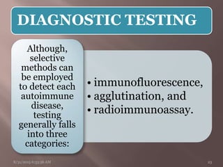DIAGNOSTIC TESTING
• immunofluorescence,
• agglutination, and
• radioimmunoassay.
Although,
selective
methods can
be employed
to detect each
autoimmune
disease,
testing
generally falls
into three
categories:
8/31/2015 6:33:56 AM 23
 