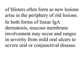 of blisters often form as new lesions
arise in the periphery of old lesions.
In both forms of linear IgA
dermatosis, mucous membrane
involvement may occur and ranges
in severity from mild oral ulcers to
severe oral or conjunctival disease.
 