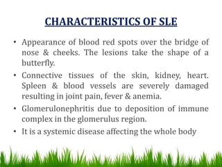 CHARACTERISTICS OF SLE
• Appearance of blood red spots over the bridge of
nose & cheeks. The lesions take the shape of a
butterfly.
• Connective tissues of the skin, kidney, heart.
Spleen & blood vessels are severely damaged
resulting in joint pain, fever & anemia.
• Glomerulonephritis due to deposition of immune
complex in the glomerulus region.
• It is a systemic disease affecting the whole body
 