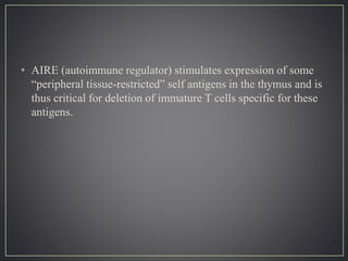 • AIRE (autoimmune regulator) stimulates expression of some
“peripheral tissue-restricted” self antigens in the thymus and is
thus critical for deletion of immature T cells specific for these
antigens.
 