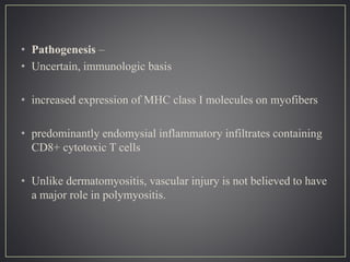 • Pathogenesis –
• Uncertain, immunologic basis
• increased expression of MHC class I molecules on myofibers
• predominantly endomysial inflammatory infiltrates containing
CD8+ cytotoxic T cells
• Unlike dermatomyositis, vascular injury is not believed to have
a major role in polymyositis.
 
