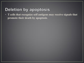 • T cells that recognize self antigens may receive signals that
promote their death by apoptosis.
 