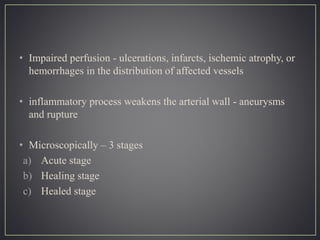 • Impaired perfusion - ulcerations, infarcts, ischemic atrophy, or
hemorrhages in the distribution of affected vessels
• inflammatory process weakens the arterial wall - aneurysms
and rupture
• Microscopically – 3 stages
a) Acute stage
b) Healing stage
c) Healed stage
 