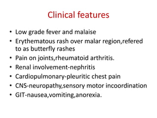 Clinical features
• Low grade fever and malaise
• Erythematous rash over malar region,refered
to as butterfly rashes
• Pain on joints,rheumatoid arthritis.
• Renal involvement-nephritis
• Cardiopulmonary-pleuritic chest pain
• CNS-neuropathy,sensory motor incoordination
• GIT-nausea,vomiting,anorexia.
 