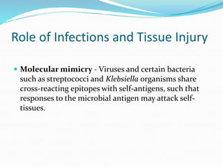 Role of Infections and Tissue Injury
 Molecular mimicry - Viruses and certain bacteria
such as streptococci and Klebsiella organisms share
cross-reacting epitopes with self-antigens, such that
responses to the microbial antigen may attack self-
tissues.
 