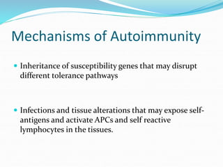 Mechanisms of Autoimmunity
 Inheritance of susceptibility genes that may disrupt
different tolerance pathways
 Infections and tissue alterations that may expose self-
antigens and activate APCs and self reactive
lymphocytes in the tissues.
 