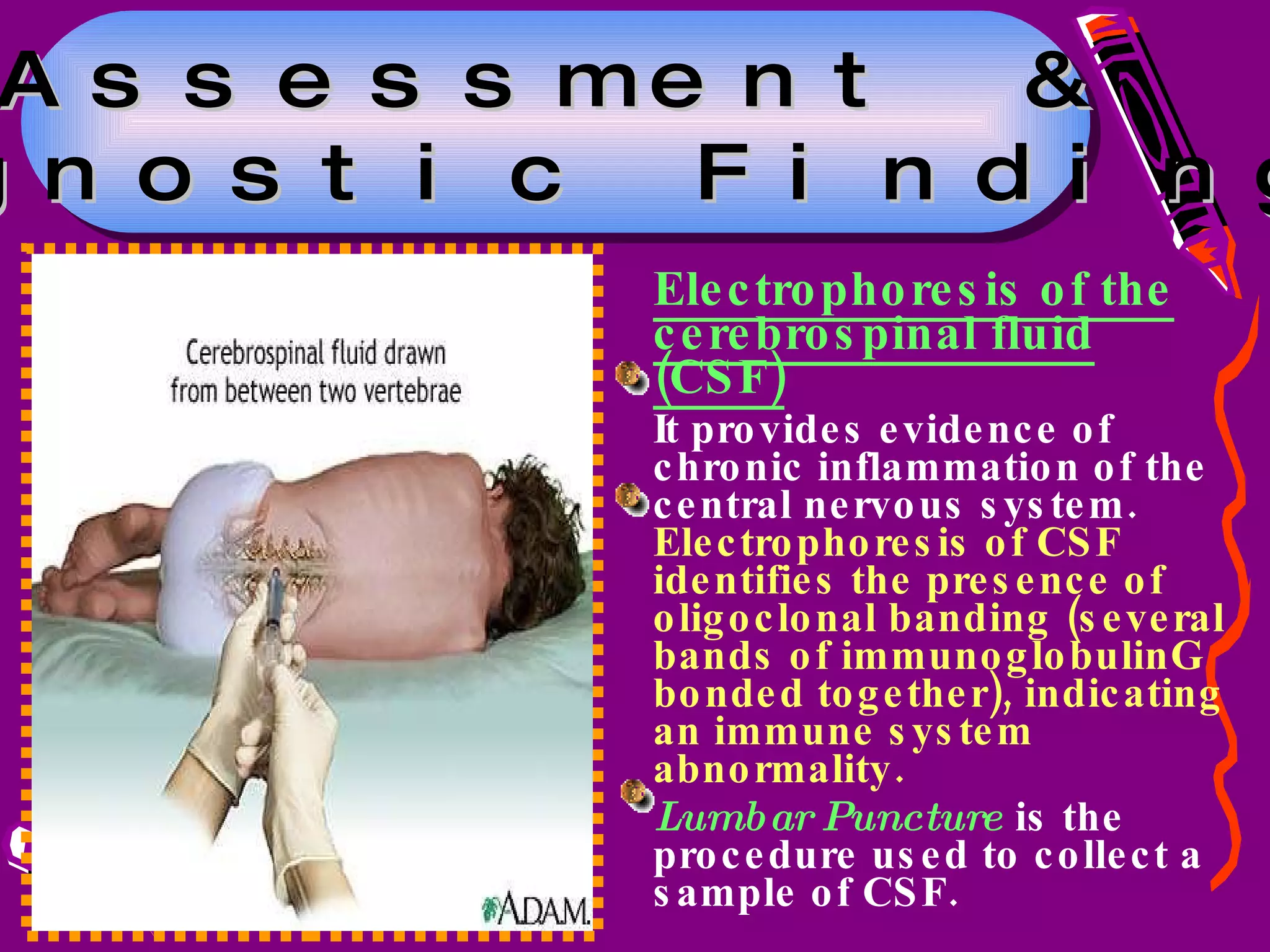 Electrophoresis of the cerebrospinal fluid (CSF) It provides evidence of chronic inflammation of the central nervous system.  Electrophoresis of CSF identifies the presence of oligoclonal banding (several bands of immunoglobulinG bonded together), indicating an immune system abnormality.  Lumbar Puncture  is the procedure used to collect a sample of CSF.  Assessment & Diagnostic Findings 