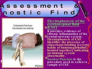Electrophoresis of the cerebrospinal fluid (CSF) It provides evidence of chronic inflammation of the central nervous system.  Electrophoresis of CSF identifies the presence of oligoclonal banding (several bands of immunoglobulinG bonded together), indicating an immune system abnormality.  Lumbar Puncture  is the procedure used to collect a sample of CSF.  Assessment & Diagnostic Findings 