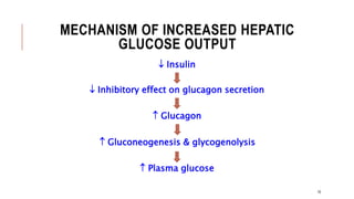MECHANISM OF INCREASED HEPATIC
GLUCOSE OUTPUT
18
 Insulin
 Inhibitory effect on glucagon secretion
 Glucagon
 Plasma glucose
 Gluconeogenesis & glycogenolysis
 