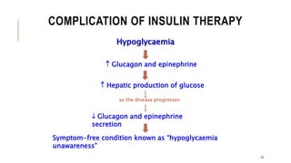 COMPLICATION OF INSULIN THERAPY
24
Hypoglycaemia
 Glucagon and epinephrine
 Hepatic production of glucose
as the disease progresses
 Glucagon and epinephrine
secretion
Symptom-free condition known as “hypoglycaemia
unawareness”
 