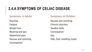 2.4.A SYMPTOMS OF CELIAC DISEASE
Symptoms in Adults
Diarrhea
Fatigue
Weight loss
Bloating and gas
Abdominal pain
Nausea and vomiting
Constipation
Symptoms in Children
Nausea and vomiting
Chronic diarrhea
Swollen belly
Constipation
Gas
Pale, foul-smelling stools
40
 