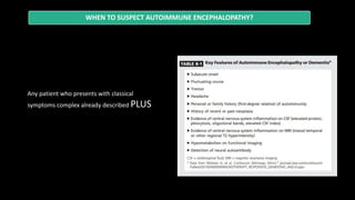 WHEN TO SUSPECT AUTOIMMUNE ENCEPHALOPATHY?
Any patient who presents with classical
symptoms complex already described PLUS
 