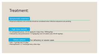 Treatment:
Symptomatic treatment
• Empirical antibiotics and antivirals should be considered when infective evaluations are pending
High dose steroids
• IV methylprednisolone- 20-30 mg/kg for 5 days (max. 1000mg/day)
• Followed by oral prednisolone 1-2 mg/kg/day over 4-6 weeks (max. 40-60 mg/day)
For refractory or severe cases
Others options
• IVIG – 2 gm/kg over 2-5 days
• Plasmapheresis- 5-7 exchange every other days
 