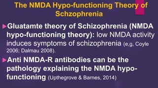 The NMDA Hypo-functioning Theory of
Schzophrenia
Gluatamte theory of Schizophrenia (NMDA
hypo-functioning theory): low NMDA activity
induces symptoms of schizophrenia (e,g, Coyle
2006; Dalmau 2008).
Anti NMDA-R antibodies can be the
pathology explaining the NMDA hypo-
functioning (Upthegrove & Barnes, 2014)
 