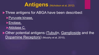 Antigens (Nicholson et al, 2012)
Three antigens for ABGA have been described:
Pyruvate kinase,
Enolase,
Aldolase C.
Other potential antigens (Tubulin, Ganglioside and the
Dopamine Receptors) (Murphy et al, 2010).
 
