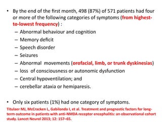 • By the end of the ﬁrst month, 498 (87%) of 571 patients had four
or more of the following categories of symptoms (from highest-
to-lowest frequency) :
– Abnormal behaviour and cognition
– Memory deﬁcit
– Speech disorder
– Seizures
– Abnormal movements (orofacial, limb, or trunk dyskinesias)
– loss of consciousness or autonomic dysfunction
– Central hypoventilation; and
– cerebellar ataxia or hemiparesis.
• Only six patients (1%) had one category of symptoms.
Titulaer MJ, McCracken L, Gabilondo I, et al. Treatment and prognostic factors for long-
term outcome in patients with anti-NMDA receptor encephalitis: an observational cohort
study. Lancet Neurol 2013; 12: 157–65.
 