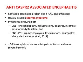 ANTI CASPR2 ASSOCIATED ENCEPHALITIS
• Contactin-associated protein-like 2 (CASPR2) antibodies
• Usually develop Morvan syndrome
• Symptoms involving both
– CNS - encephalopathy, hallucinations, seizures, insomnia,
autonomic dysfunction) and
– PNS - PNH-cramps,myokymia,fasciculations, neuropathy,
allodynia (Lancaster et al., 2011).
• > 50 % complain of neuropathic pain while some develop
severe insomnia
 
