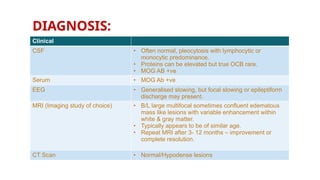 DIAGNOSIS:
Clinical
CSF • Often normal, pleocytosis with lymphocytic or
monocytic predominance.
• Proteins can be elevated but true OCB rare.
• MOG AB +ve
Serum • MOG Ab +ve
EEG • Generalised slowing, but focal slowing or epileptiform
discharge may present.
MRI (Imaging study of choice) • B/L large multifocal sometimes confluent edematous
mass like lesions with variable enhancement within
white & gray matter.
• Typically appears to be of similar age.
• Repeat MRI after 3- 12 months – improvement or
complete resolution.
CT Scan • Normal/Hypodense lesions
 
