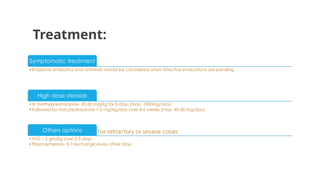 Treatment:
Symptomatic treatment
•Empirical antibiotics and antivirals should be considered when infective evaluations are pending
High dose steroids
•IV methylprednisolone- 20-30 mg/kg for 5 days (max. 1000mg/day)
•Followed by oral prednisolone 1-2 mg/kg/day over 4-6 weeks (max. 40-60 mg/day)
For refractory or severe cases
Others options
•IVIG – 2 gm/kg over 2-5 days
•Plasmapheresis- 5-7 exchange every other days
 