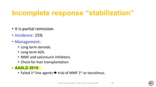Incomplete response “stabilization”
• It is partial remission.
• Incidence: 15%
• Management:
• Long term steroids.
• Long term AZA.
• MMF and calcineurin inhibitors.
• Check for liver transplantation.
• AASLD 2019:
• Failed 1st line agents  trial of MMF 1st or tacrolimus.
Autoimmune Hepatitis, 2020. Ayman Alsebaey, MD 42
 