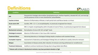 Definitions
Autoimmune Hepatitis, 2020. Ayman Alsebaey, MD 6
Condition Definition
AIH
Characteristic histologic abnormalities (lymphoplasmacytic interface hepatitis), elevated AST, ALT, and total IgG
and the presence of one or more characteristic autoantibodies
Inactive cirrhosis Absence of inflammatory infiltrates in both portal tracts and fibrous bands in cirrhosis
Acute severe AIH Jaundice, INR > 1.5 < 2, no encephalopathy; no previously recognized liver disease
ALF INR ≥ 2; hepatic encephalopathy within 26 weeks of onset of illness; no previously recognized liver disease
Biochemical remission Normalization of serum AST, ALT, and IgG* levels
Histological remission Absence of inflammation in liver tissue after treatment
Treatment failure Worsening laboratory or histological findings despite compliance with standard therapy
Incomplete response Improvement of laboratory and histological findings that are insufficient to satisfy criteria for remission
Relapse Exacerbation of disease activity after induction of remission and drug withdrawal (or nonadherence)
Treatment intolerance Inability to continue maintenance therapy due to drug‐related side effects
* Patients with cirrhosis in biochemical remission may have persistent elevation of IgG.
 