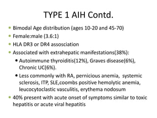 TYPE 1 AIH Contd.
 Bimodal Age distribution (ages 10-20 and 45-70)
 Female:male (3.6:1)
 HLA DR3 or DR4 assosciation
 Associated with extrahepatic manifestations(38%):
 Autoimmune thyroiditis(12%), Graves disease(6%),
Chronic UC(6%).
 Less commonly with RA, pernicious anemia, systemic
sclerosis, ITP, SLE,coombs positive hemolytic anemia,
leucocytoclastic vasculitis, erythema nodosum
 40% present with acute onset of symptoms similar to toxic
hepatitis or acute viral hepatitis
 