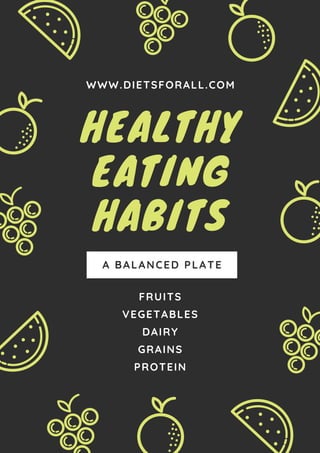 WWW.DIETSFORALL.COM
HEALTHY
EATING
HABITS
A BALANCED PLATE
FRUITS
VEGETABLES
DAIRY
GRAINS
PROTEIN
 