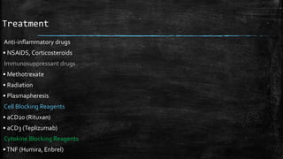 Treatment
Anti-inflammatory drugs
• NSAIDS, Corticosteroids
Immunosuppressant drugs
• Methotrexate
• Radiation
• Plasmapheresis
Cell Blocking Reagents
• aCD20 (Rituxan)
• aCD3 (Teplizumab)
Cytokine Blocking Reagents
•TNF (Humira, Enbrel)
 