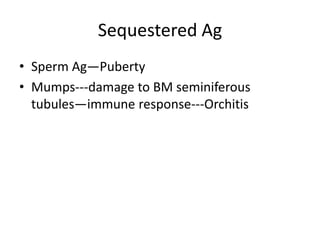 Sequestered Ag
• Sperm Ag—Puberty
• Mumps---damage to BM seminiferous
tubules—immune response---Orchitis
 