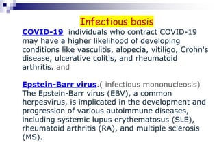 Infectious basis
COVID-19 individuals who contract COVID-19
may have a higher likelihood of developing
conditions like vasculitis, alopecia, vitiligo, Crohn's
disease, ulcerative colitis, and rheumatoid
arthritis. and
Epstein-Barr virus.( infectious mononucleosis)
The Epstein-Barr virus (EBV), a common
herpesvirus, is implicated in the development and
progression of various autoimmune diseases,
including systemic lupus erythematosus (SLE),
rheumatoid arthritis (RA), and multiple sclerosis
(MS).
 