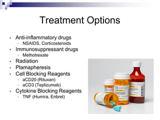 Treatment Options
• Anti-inflammatory drugs
• NSAIDS, Corticosteroids
• Immunosuppressant drugs
• Methotrexate
• Radiation
• Plamapheresis
• Cell Blocking Reagents
• aCD20 (Rituxan)
• aCD3 (Teplizumab)
• Cytokine Blocking Reagents
• TNF (Humira, Enbrel)
 