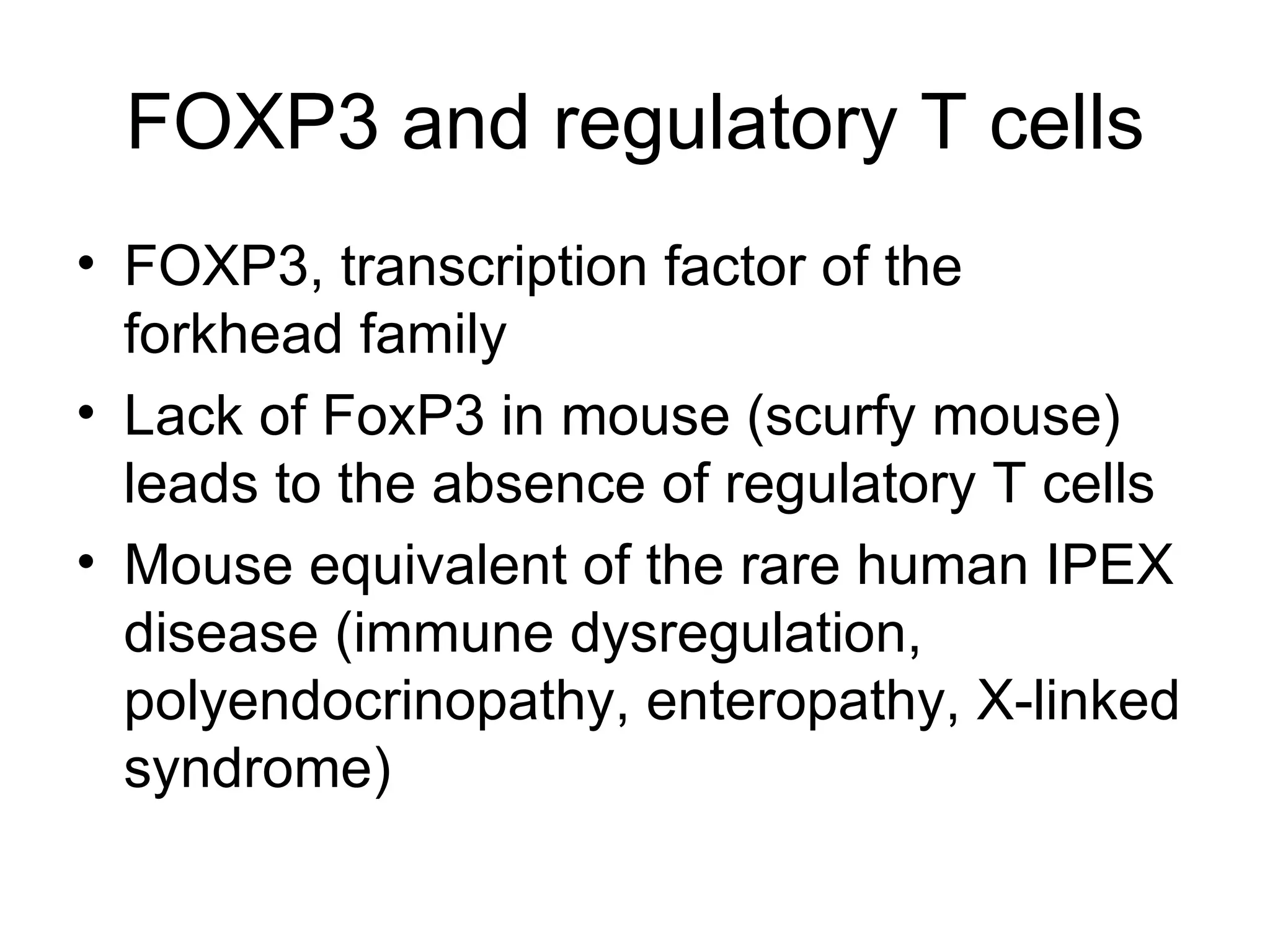 FOXP3 and regulatory T cells FOXP3, transcription factor of the forkhead family Lack of FoxP3 in mouse (scurfy mouse) leads to the absence of regulatory T cells Mouse equivalent of the rare human IPEX disease (immune dysregulation, polyendocrinopathy, enteropathy, X-linked syndrome) 