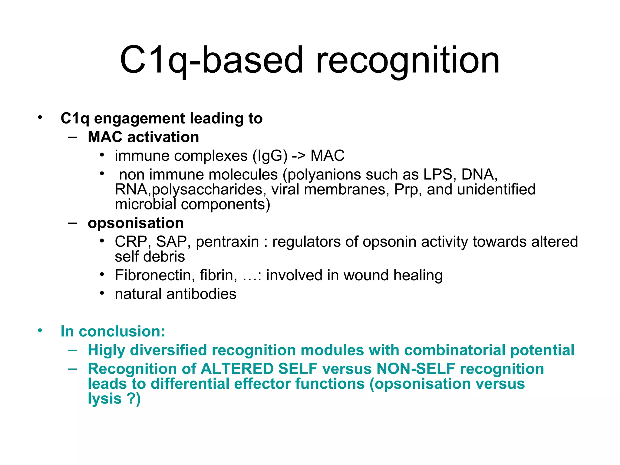 C1q-based recognition C1q engagement   leading to MAC activation immune complexes (IgG) -> MAC non immune molecules (polyanions such as LPS, DNA, RNA,polysaccharides, viral membranes, Prp, and unidentified microbial components) opsonisation CRP, SAP, pentraxin : regulators of opsonin activity towards altered self debris Fibronectin, fibrin, …: involved in wound healing natural antibodies In conclusion: Higly diversified recognition modules with combinatorial potential  Recognition of ALTERED SELF versus NON-SELF recognition leads to differential effector functions (opsonisation versus lysis ?) 