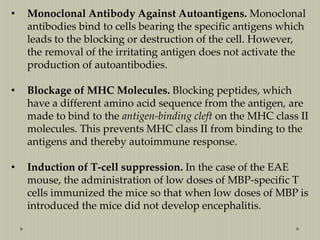 •

Monoclonal Antibody Against Autoantigens. Monoclonal
antibodies bind to cells bearing the specific antigens which
leads to the blocking or destruction of the cell. However,
the removal of the irritating antigen does not activate the
production of autoantibodies.

•

Blockage of MHC Molecules. Blocking peptides, which
have a different amino acid sequence from the antigen, are
made to bind to the antigen-binding cleft on the MHC class II
molecules. This prevents MHC class II from binding to the
antigens and thereby autoimmune response.

•

Induction of T-cell suppression. In the case of the EAE
mouse, the administration of low doses of MBP-specific T
cells immunized the mice so that when low doses of MBP is
introduced the mice did not develop encephalitis.

 
