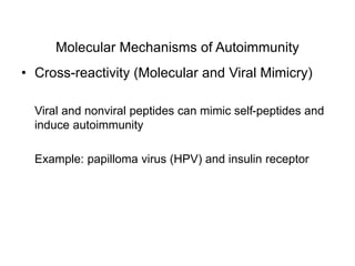 Molecular Mechanisms of Autoimmunity
• Cross-reactivity (Molecular and Viral Mimicry)
Viral and nonviral peptides can mimic self-peptides and
induce autoimmunity
Example: papilloma virus (HPV) and insulin receptor
 