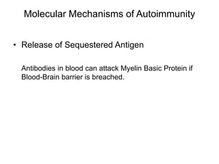 Molecular Mechanisms of Autoimmunity
• Release of Sequestered Antigen
Antibodies in blood can attack Myelin Basic Protein if
Blood-Brain barrier is breached.
 