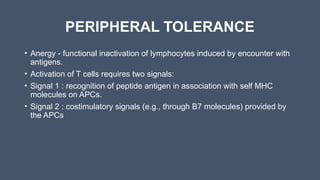 PERIPHERAL TOLERANCE
• Anergy - functional inactivation of lymphocytes induced by encounter with
antigens.
• Activation of T cells requires two signals:
• Signal 1 : recognition of peptide antigen in association with self MHC
molecules on APCs.
• Signal 2 : costimulatory signals (e.g., through B7 molecules) provided by
the APCs
 