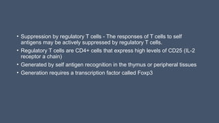 • Suppression by regulatory T cells - The responses of T cells to self
antigens may be actively suppressed by regulatory T cells.
• Regulatory T cells are CD4+ cells that express high levels of CD25 (IL-2
receptor a chain)
• Generated by self antigen recognition in the thymus or peripheral tissues
• Generation requires a transcription factor called Foxp3
 