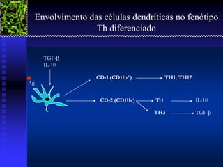 Envolvimento das células dendríticas no fenótipo
                    Th diferenciado


       TGF-
       IL-10

                     CD-1 (CD11b+)                     TH1, TH17
Ag


                      CD-2 (CD11b-)              Tr1                IL-10

                                                 TH3                TGF-




2001/2002             Prof. Doutor José Cabeda                     Imunologia
 