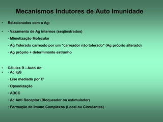Mecanismos Indutores de Auto Imunidade
•

Relacionados com o Ag:

•

· Vazamento de Ag internos (seqüestrados)
· Mimetização Molecular
· Ag Tolerado carreado por um "carreador não tolerado" (Ag próprio alterado)

· Ag próprio + determinante estranho

•
•

Células B - Auto Ac:
· Ac IgG
· Lise mediada por C'
· Opsonização
· ADCC
· Ac Anti Receptor (Bloqueador ou estimulador)
· Formação de Imuno Complexos (Local ou Circulantes)

 
