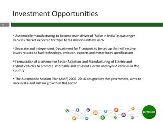 18
Investment Opportunities
• Automobile manufacturing to become main driver of ‘Make in India’ as passenger
vehicles market expected to triple to 9.4 million units by 2026
• Separate and independent Department for Transport to be set up that will resolve
issues related to fuel technology, emission, exports and motor body specifications
• Formulation of a scheme for Faster Adoption and Manufacturing of Electric and
Hybrid Vehicles to promote affordable and efficient electric and hybrid vehicles in the
country
• The Automobile Mission Plan (AMP) 2006- 2016 designed by the government, aims to
accelerate and sustain growth in this sector
 
