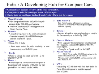 India : A Developing Hub for Compact Cars Maruti Suzuki : •  New car plant to make 250,000 cars per   annum (total 800,000 cars/annum) •  10 new Component JVs to support new Diesel Engine Plant. Hyundai : Already a big player in the small car segment •  Increase capacity to 600,000 cars per annum over next 1 year. Nissan : •  Micra,  UK    India Four more models in India, involving  a total investment of over Rs 2,000 crore.   Ford : •  Plans to unveil its small car with 1.2 ltr engine by 2010 Honda : Investing US $ 250 million in a new plant in Rajasthan with capacity of 60,000 car per year (First car to roll out in 2009). Tata Motors : Tata Nano became a big success gaining worldwide popularity with Tata planning to increase capacity Toyota : •  Toyota Kirloskar motors planning to launch  its own small car in India by 2011  General Motors : •  New Capacity to manufacture small cars at its Talegaon, Maharashtra plant with 80% local inputs. Brought in Spark small car in 2007 Nissan-Renault : 50:50 JV, to make 400,000 cars a year with an investment of over  US $ 1 billion. Coming up with the $2500 car to compete with Tata Nano in 2011 VW : •  Investing 400 million euro in a new plant in Pune. Operations are to start in second half of 2009. Compact cars account for 70% of the total car market. Compact car sales increasing at about 20% each year Excise duty on small cars slashed from 24% to 12% in last three years 