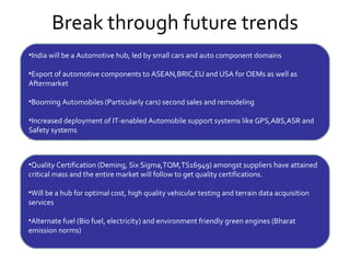 Break through future trends India will be a Automotive hub, led by small cars and auto component domains Export of automotive components to ASEAN,BRIC,EU and USA for OEMs as well as Aftermarket Booming Automobiles (Particularly cars) second sales and remodeling  Increased deployment of IT-enabled Automobile support systems like GPS,ABS,ASR and Safety systems . Quality Certification (Deming, Six Sigma,TQM,TS16949) amongst suppliers have attained critical mass and the entire market will follow to get quality certifications. Will be a hub for optimal cost, high quality vehicular testing and terrain data acquisition services Alternate fuel (Bio fuel, electricity) and environment friendly green engines (Bharat emission norms) 