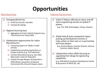 Opportunities
Manufacturing:                                         Engineering Services:

  Emerging World hub:                                   Indian IT Majors offering on-shore and off-
       Small Cars (Suzuki, Hyundai)                      shore engineering services to Global IT
       Castings & Forgings                               players.
                                                             (e.g. TCS, TATA Technologies, Infosys, Satyam)
  Regional Sourcing base
       Aggregates for Entire Vehicle Programs (e.g.
        Transmissions for Toyota IMV)
                                                         Global Auto & Auto component majors
                                                          putting up Development Centres in
  Globalisation opportunities for Indian                 India, either on their own or in partnership
   Manufacturers                                          with local players
       Increasing exports of “Made In India”                (e.g. General Motors, Daimler Chyrsler, Johnson
        vehicles                                                 Controls, Delphi, Bosch)
       Establishing manufacturing facilities at
        foreign locations (e.g. TVS Indonesia)
                                                         Independent Indian OEMs focusing on
       Contract Manufacturing (e.g. Sub-150cc
        Bajaj motor cycles for Kawasaki)                  upgrading their design & engineering
                                                          capabilities.
       Growth through Mergers & Acquisitions
        (TATA Motors acquisition of Daewoo                  (e.g. TATA Motors European Development Centre
        Commercial Veh, Korea & Hispano, Spain              & Acquisition of INCAT plc, UK)
 
