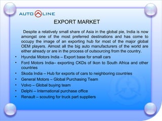 Despite a relatively small share of Asia in the global pie, India is now amongst one of the most preferred destinations and has come to occupy the image of an exporting hub for most of the major global OEM players. Almost all the big auto manufacturers of the world are either already or are in the process of outsourcing from the country. Hyundai Motors India – Export base for small cars  Ford Motors India– exporting CKDs of Ikon to South Africa and other countries  Skoda India – Hub for exports of cars to neighboring countries  General Motors – Global Purchasing Team  Volvo – Global buying team  Delphi – International purchase office  Renault – scouting for truck part suppliers  EXPORT MARKET  